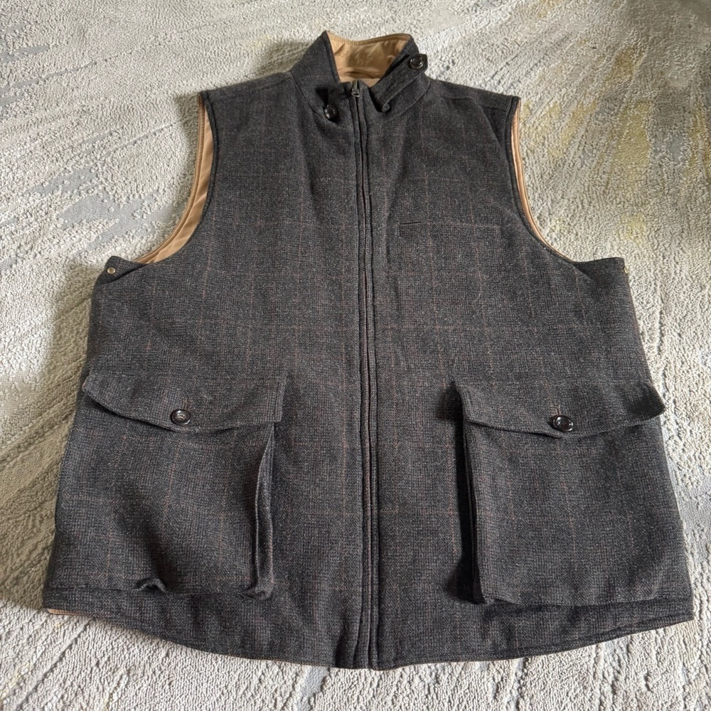 Bobby Jones Wool Reversible golf Vest zip up brown plaid tan khaki color XL